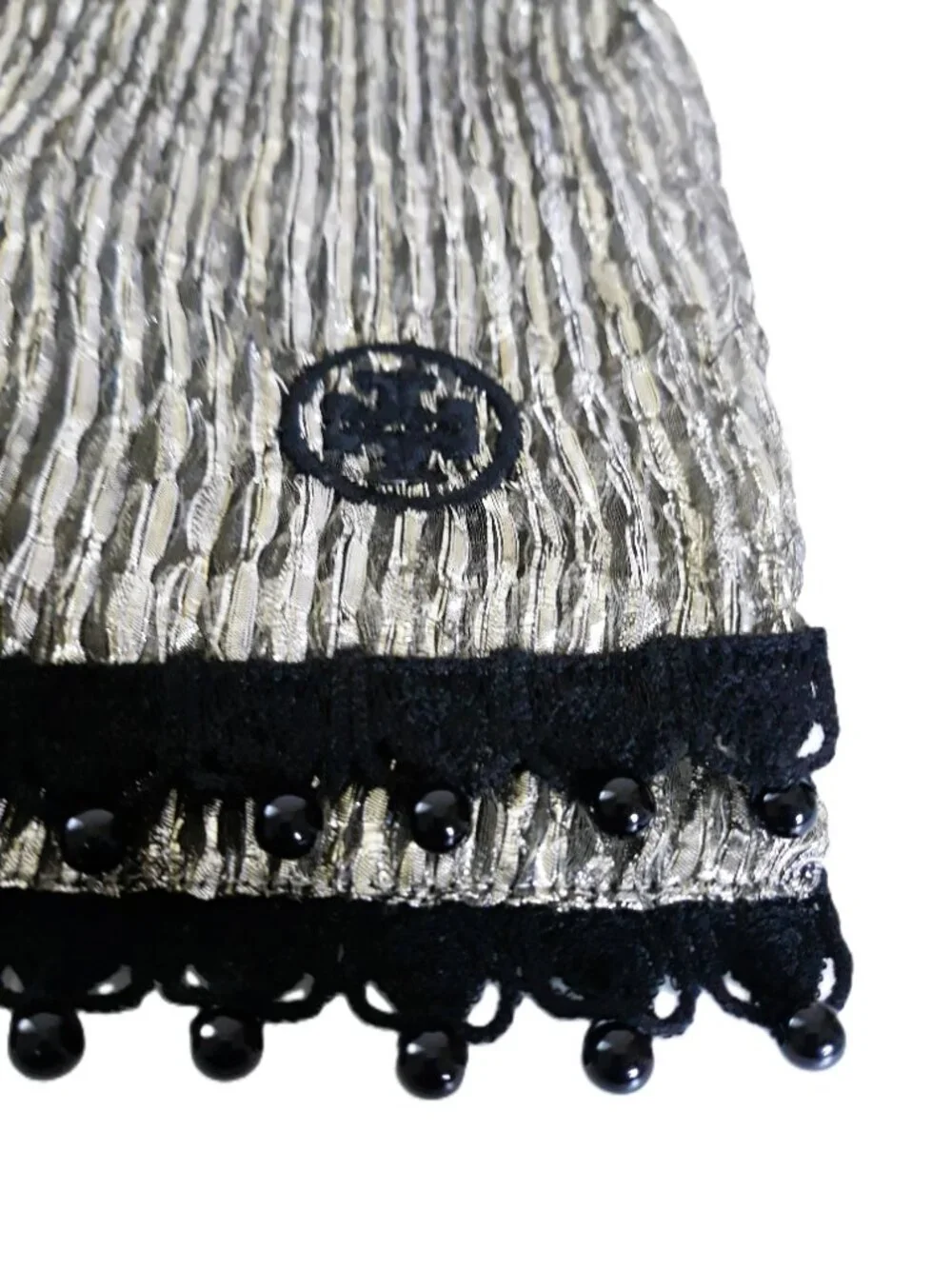 Tory Burch Silver Gold Lame Beaded Scarf Party Event Lightweight